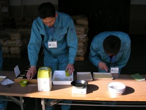 収穫された大豆の検査